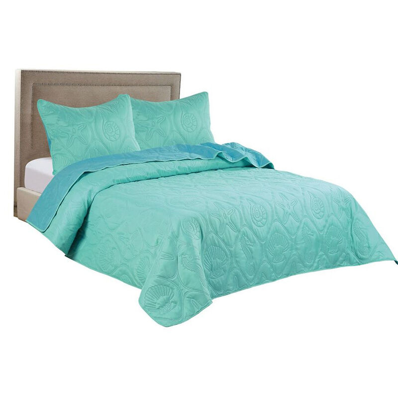Legacy Decor 3 PCS Shell & Seahorse Stitched Pinsonic Reversible Lightweight All Season Bedspread Quilt Coverlet Oversize, Turquoise Color, Queen Size