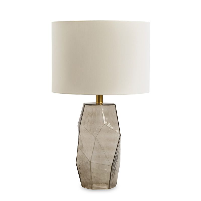 24 Inch Table Lamp, Hexagonal Textured Glass Base, Drum Shade, Gray - Benzara