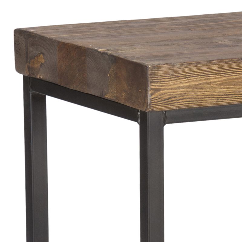 Iron Base Counter Height Stool with Pine Wood Seat, Brown and Black-Benzara