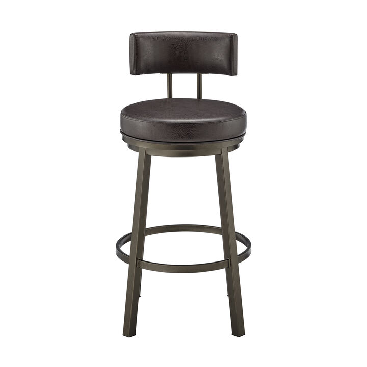Eleanor 30 Inch Swivel Bar Stool Chair, Round Mocha Brown Faux Leather Seat-Benzara