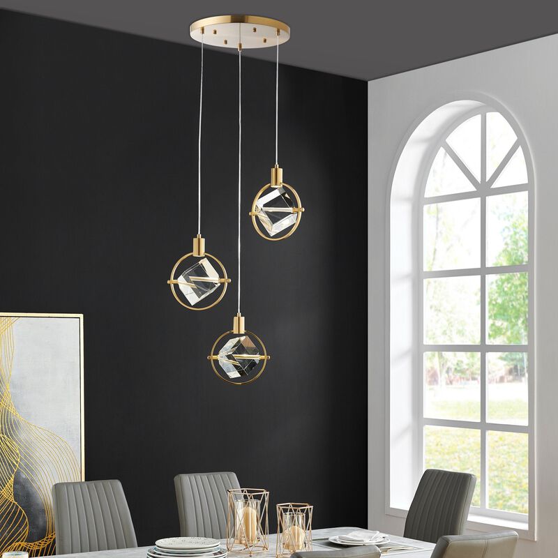 Hollywood Pendant Gold Metal and Acrylic 3 LED Lights Dimmable