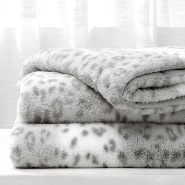 Printed Faux Rabbit Fur Throw, Lightweight Plush Cozy Soft Blanket, 60" x 70", Grey Leopard (2 Pack Set of 2)