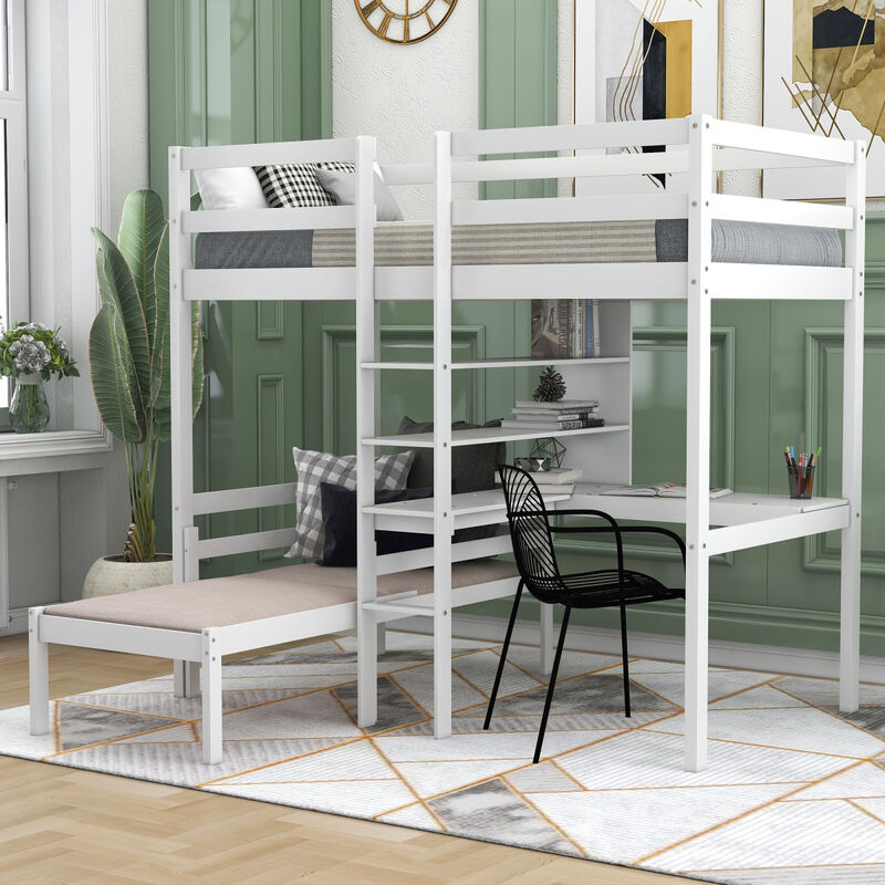 Convertible Loft Bed with L-SHAPED Desk, Twin Bunk Bed with Shelves and Ladder, White