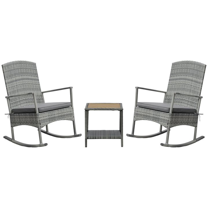 Grey 3 Pieces Outdoor PE Rattan Rocking Chair Set, Patio Wicker Recliner Rocker Chair with Soft Cushion & Coffee Table, for Porch