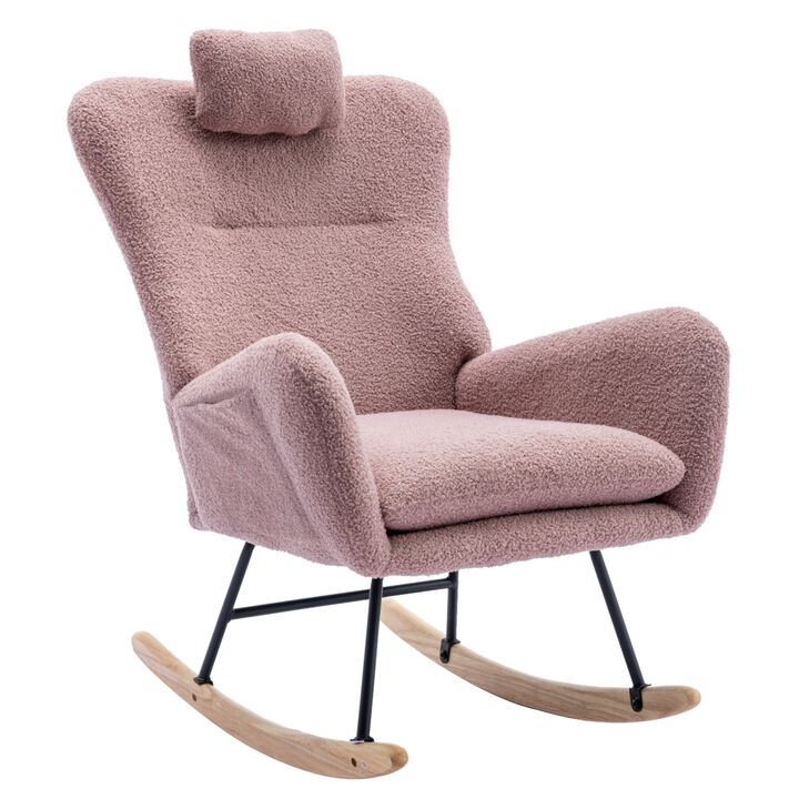 35.5 inch Rocking Chair, Soft Teddy Velvet Fabric Rocking Chair for Nursery, Comfy Wingback Glider Rocker with Safe Solid Wood Base for Living Room Bedroom Balcony (pink)