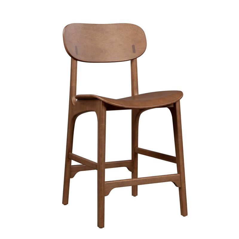 Seln 24 Inch Counter Stool Chair, Curved Seat, Open Back, Dark Brown Wood - Benzara