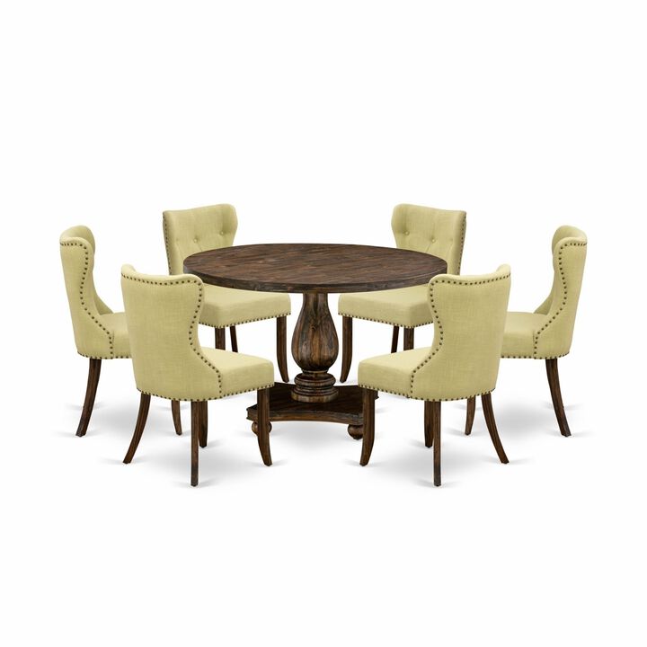 East West Furniture I2SI7-737 7Pc Dining Set - Round Table and 6 Parson Chairs - Distressed Jacobean Color
