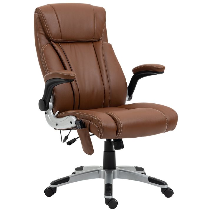 Brown heated office chair with 6 vibration points, heated faux leather, and flip-up armrests.