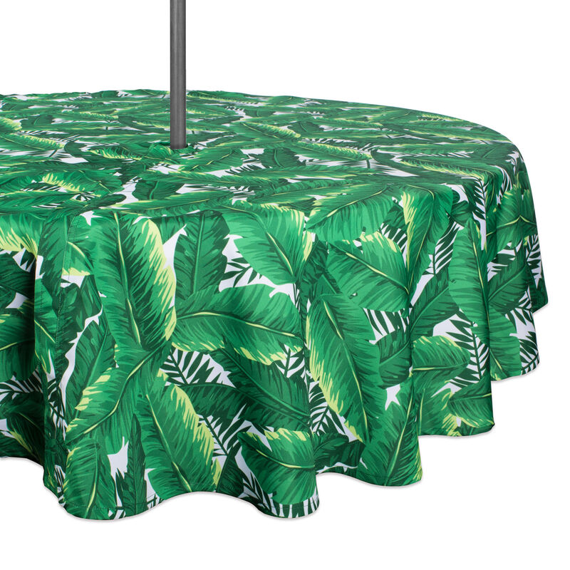 Green and White Banana Leaf Rounded Tablecloth with Zipper 60”