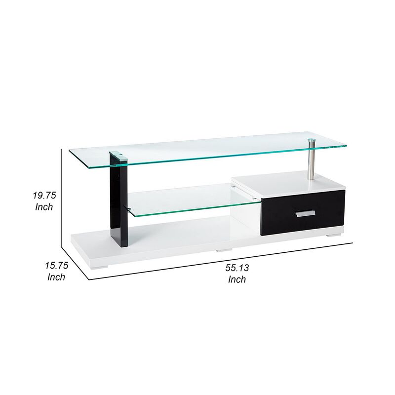 55 Inch TV Entertainment Console, Glass Top, Chrome Posts, Black, White - Benzara