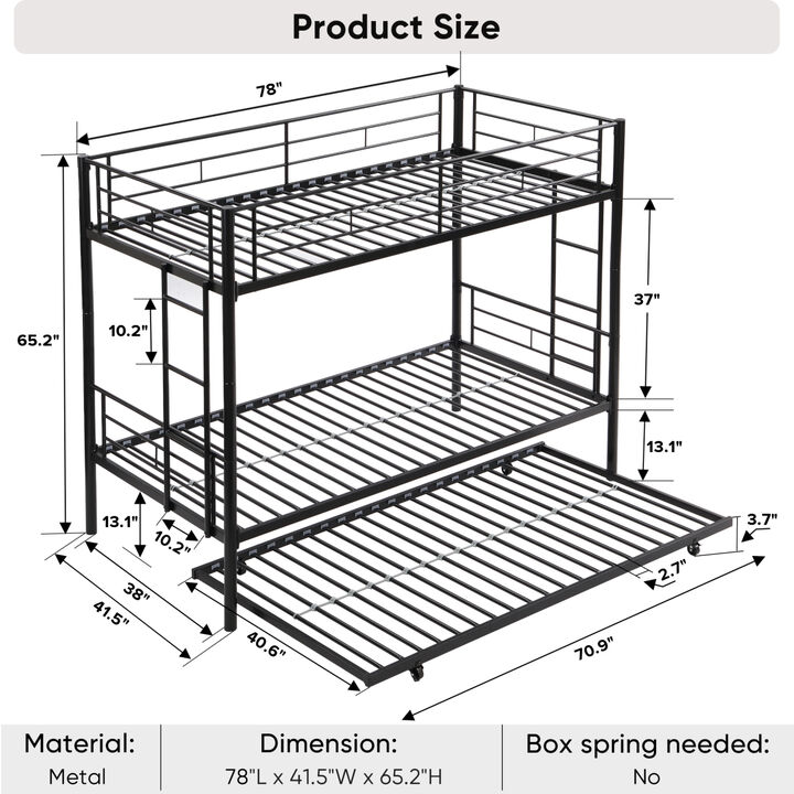 Over Twin Bunk Bed Frame with Trundle,Metal Bunkbed with Sturdy Guard Rail and 2 sideLadders for Kids/Adults,Can be Divided Into Two Beds, No Box Spring Needed, Noise Free for Dorm,Black