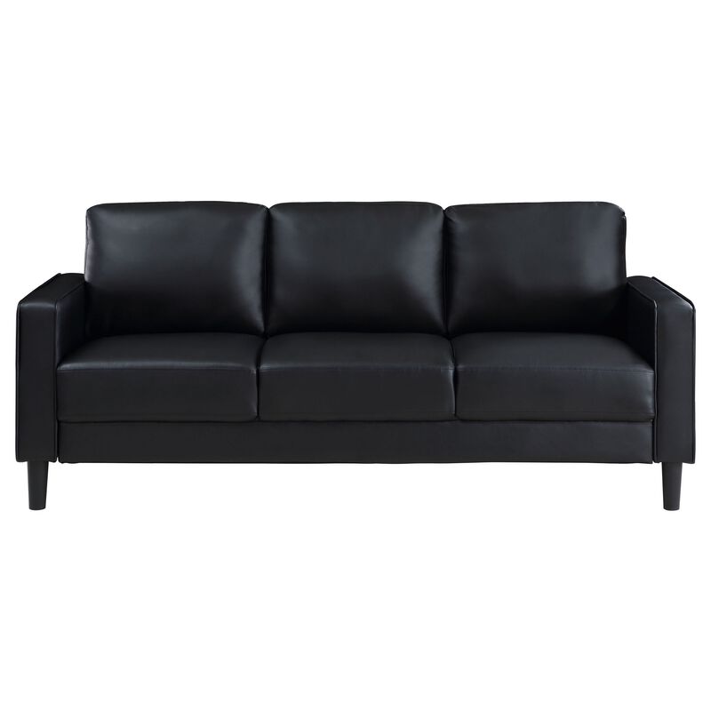 Rumi Sofa, Black Faux Leather, Modern Track Arms, Foam Cushions