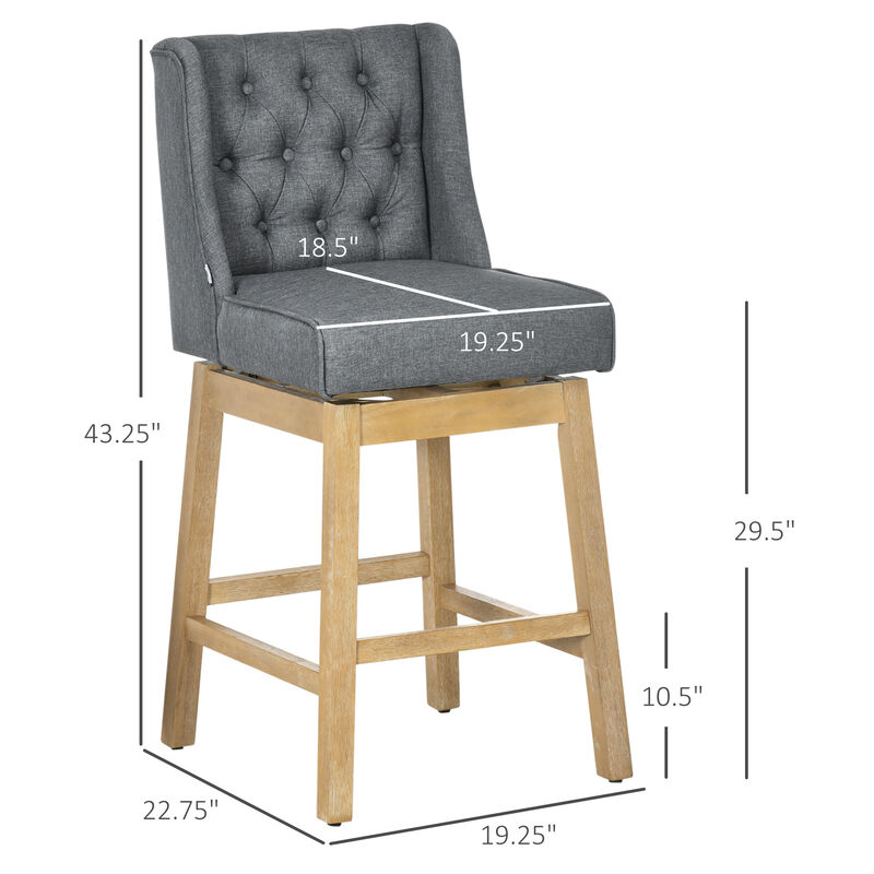 HOMCOM Counter Height Bar Stools Set of 2, 180 Degree Swivel Barstools, 27" Seat Height Bar Chairs with Solid Wood Footrests and Button Tufted Design, Gray