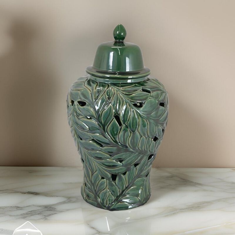 Heni 19 Inch Ceramic Temple Jar with Lid, Cut Out Leaf Motifs, Green Finish - Benzara