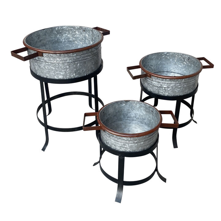21, 18, and 16 Inch 3 Piece Round Tub Metal Planter Set with Stand in Galvanized Gray and Black Iron-Benzara