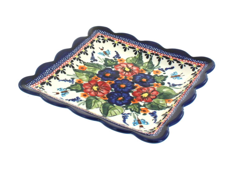 Blue Rose Polish Pottery Flowering Peacock Square Small Dessert Plate