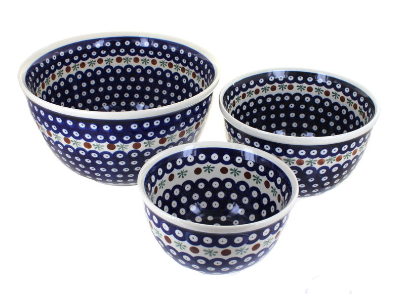 Blue Rose Polish Pottery Flowering Peacock Mixing Bowl Set