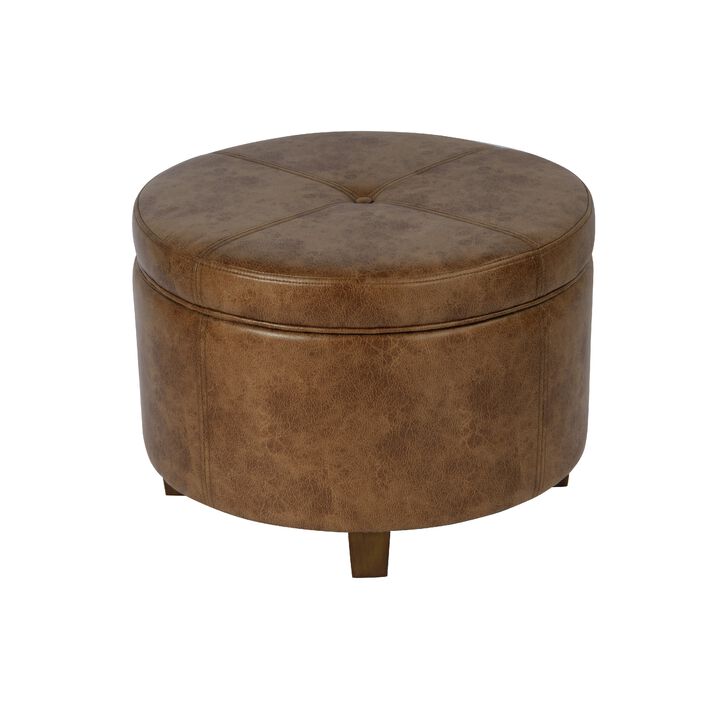 Soni Round Storage Ottoman, 24 Inch Brown Faux Leather, Wood Legs