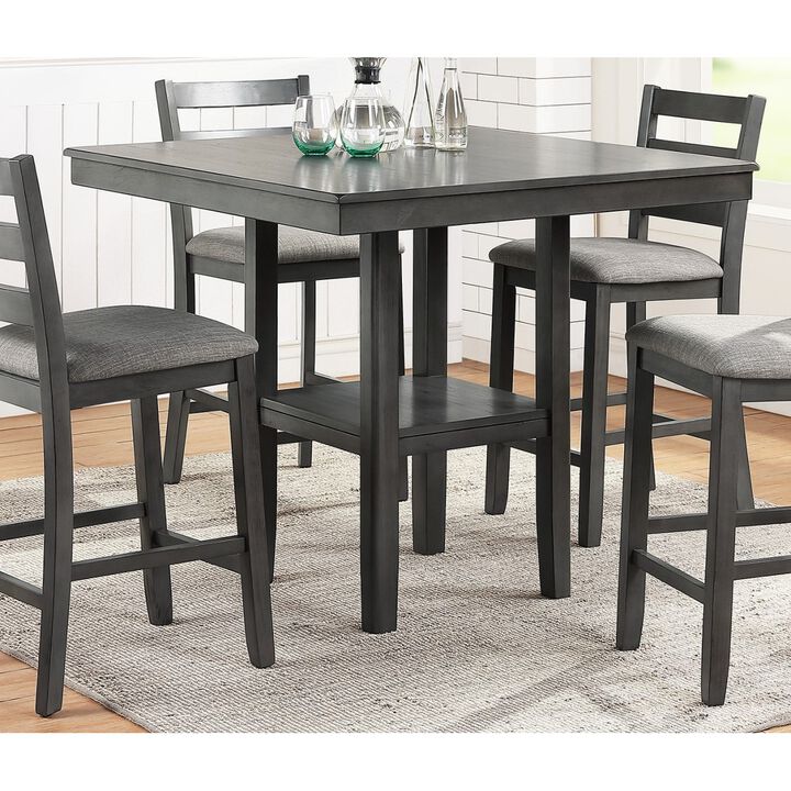Classic Dining Room Furniture Gray Finish Counter Height 5pc Set Square Dining Table w Shelves Cushion Seat Ladder Back High Chairs Solid wood