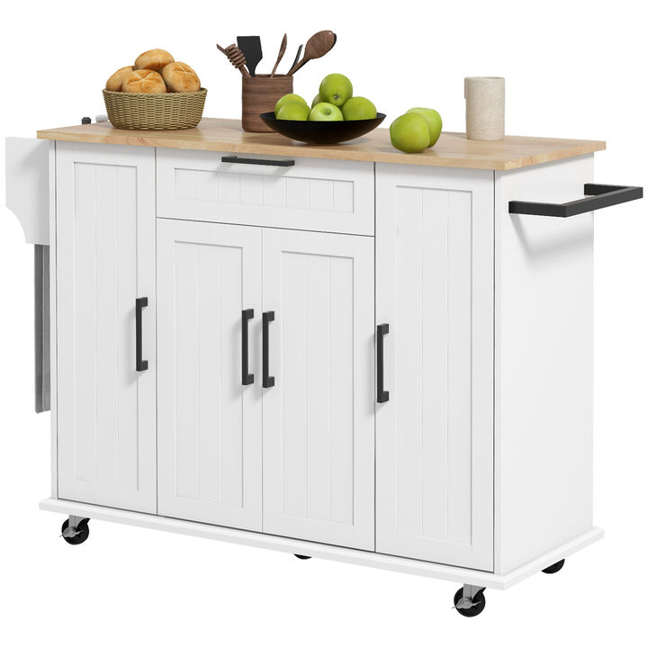 HOMCOM Kitchen Island on Wheels, Kitchen Cart with Solid Wood Top, White