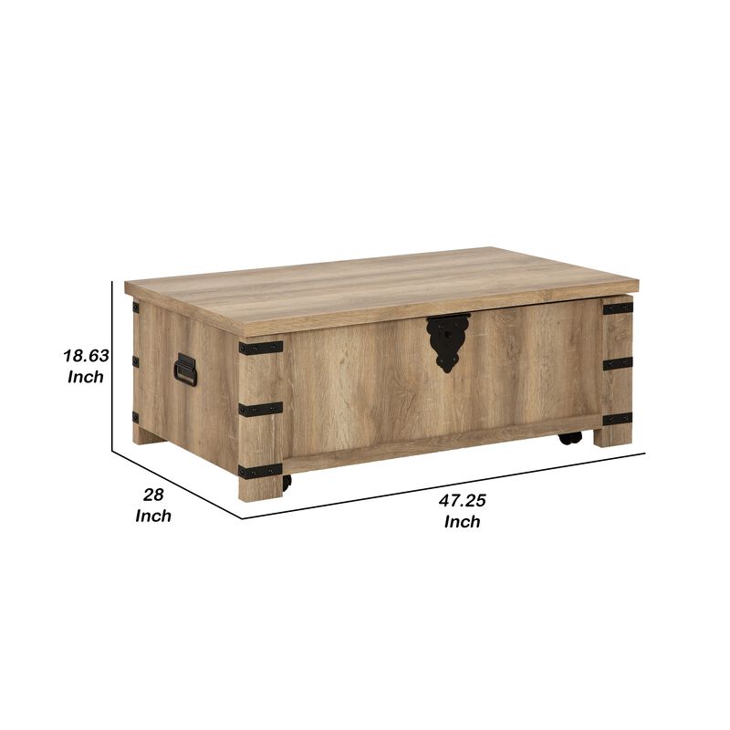 Classic 47 Inch Coffee Table, Lift Top, Concealed Storage, Light Brown Wood-Benzara