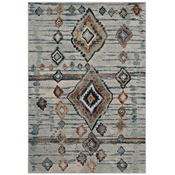 Jenica Distressed Moroccan Tribal Abstract Diamond 5x8 Area Rug - Silver Blue, Beige and Brown