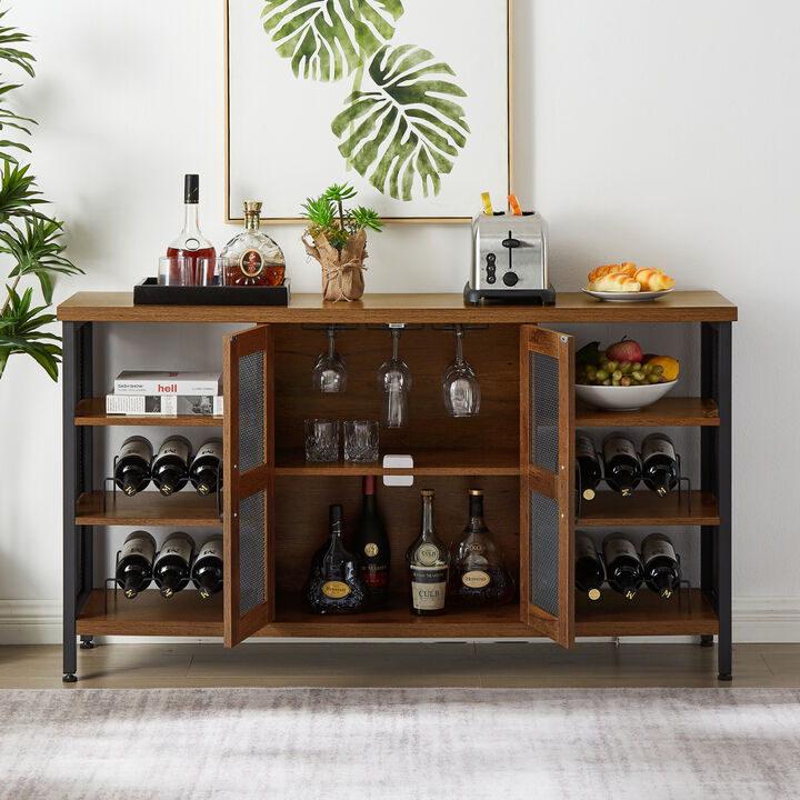 Industrial Wine Bar Cabinet, Liquor Storage Credenza, Sideboard with Wine Racks & Stemware Holder (Hazelnut Brown, 55.12" w x 13.78" d x 30.31" h)