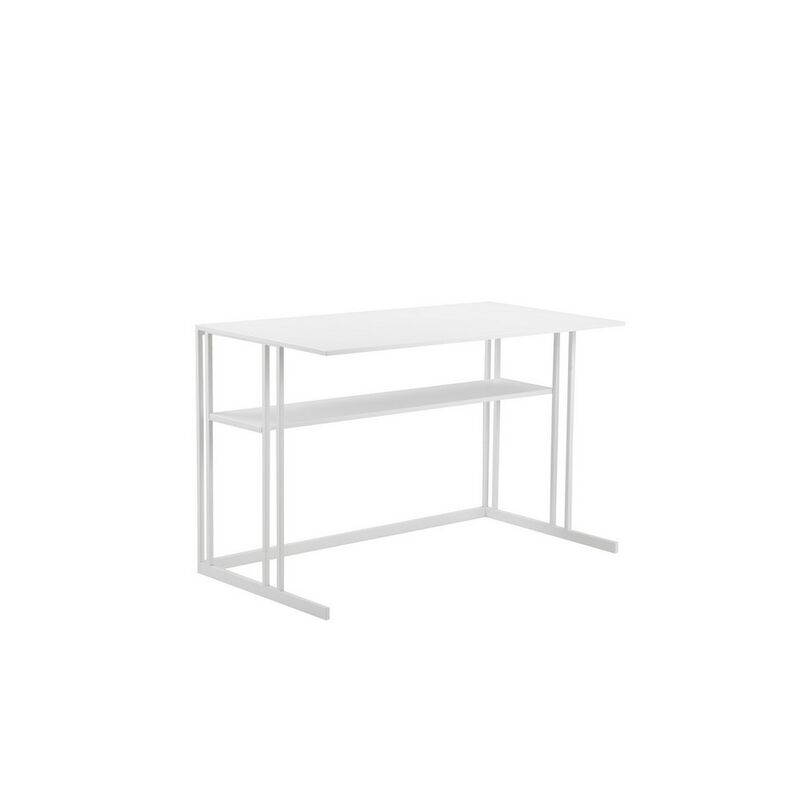 Femi 47 Inch Office Desk with Shelf, Open Steel Base, Modern White Finish - Benzara