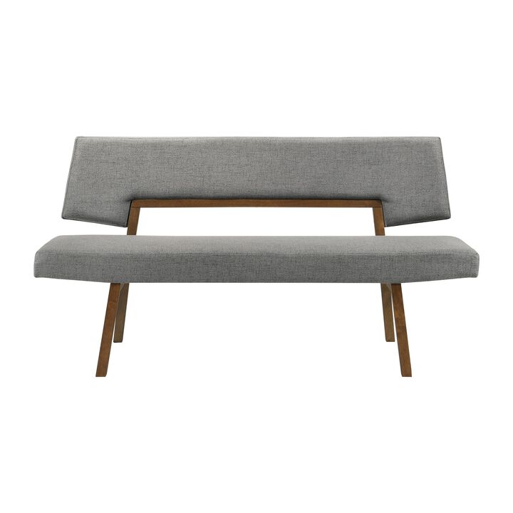 Yumi 63 Inch Dining Bench, Seat and Back with Charcoal Fabric, Walnut  - Benzara