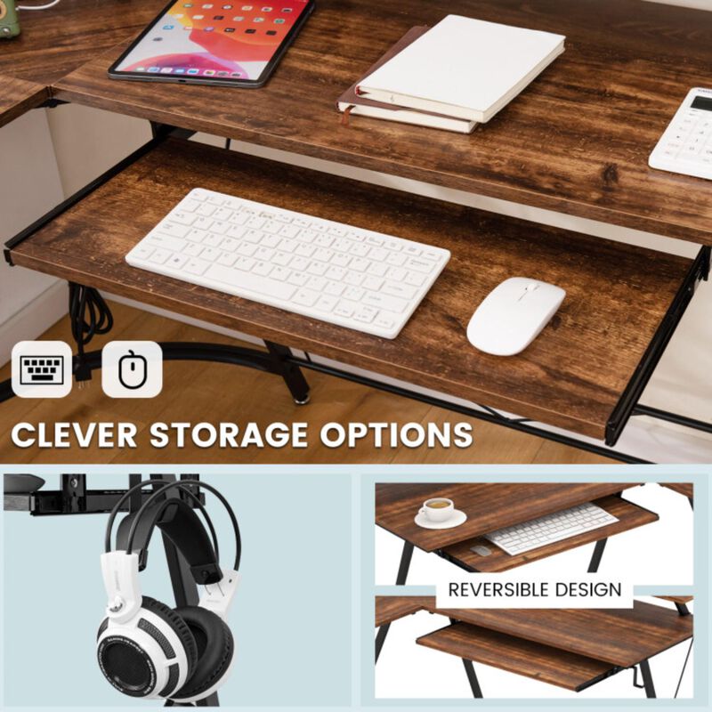 Hivvago L-shaped Computer Desk with Power Outlet and Monitor Stand