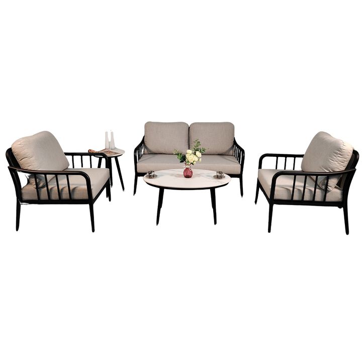 MONDAWE 5-Piece Outdoor Aluminum Patio Furniture Modern Chat Sofa Conversation Set with Removable Fabric Cushions