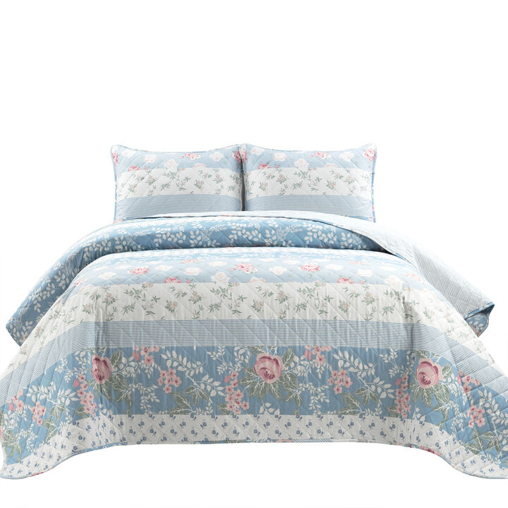 Cottage Core Flower Stripe Oversized Reversible Cotton Quilt Blue/Dusty Pink 3Pc Set Full/Queen