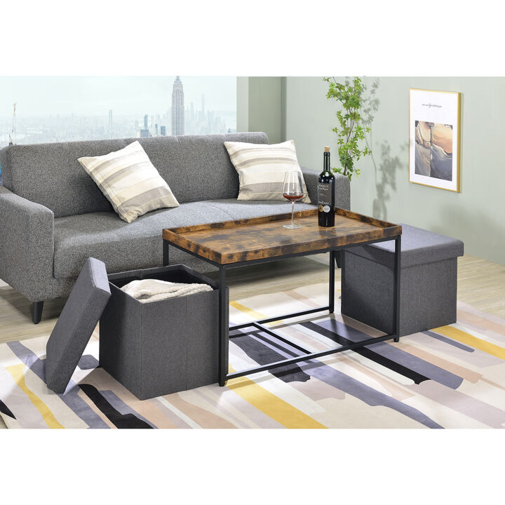 Monty Weathered Oak Wood Grain 3 Piece Coffee Table Set With Raised Edges