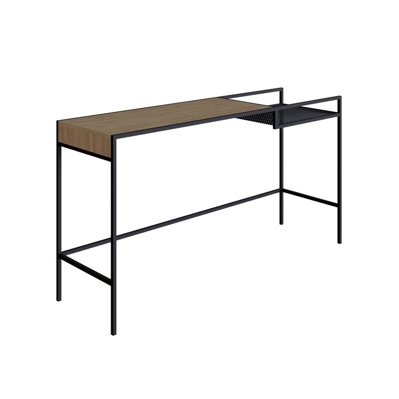 Kybele 55" Console  Entry Table Black Iron legs Mesh Panel Side -Coastal Oak