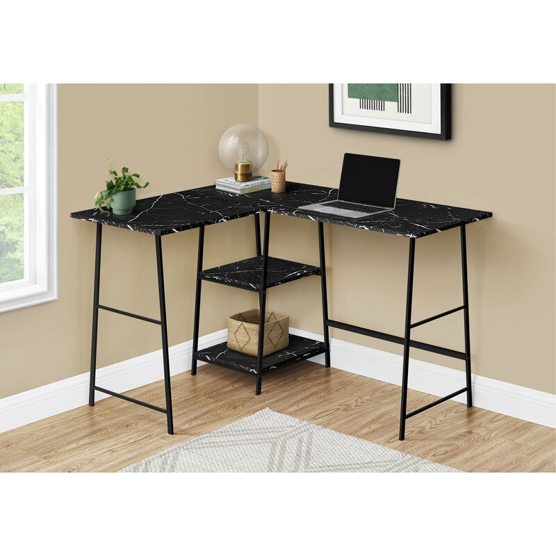 Monarch Specialties I 7594 Computer Desk, Home Office, Corner, Storage Shelves, 48"L, L Shape, Work, Laptop, Metal, Laminate, Black Marble Look, Contemporary, Modern