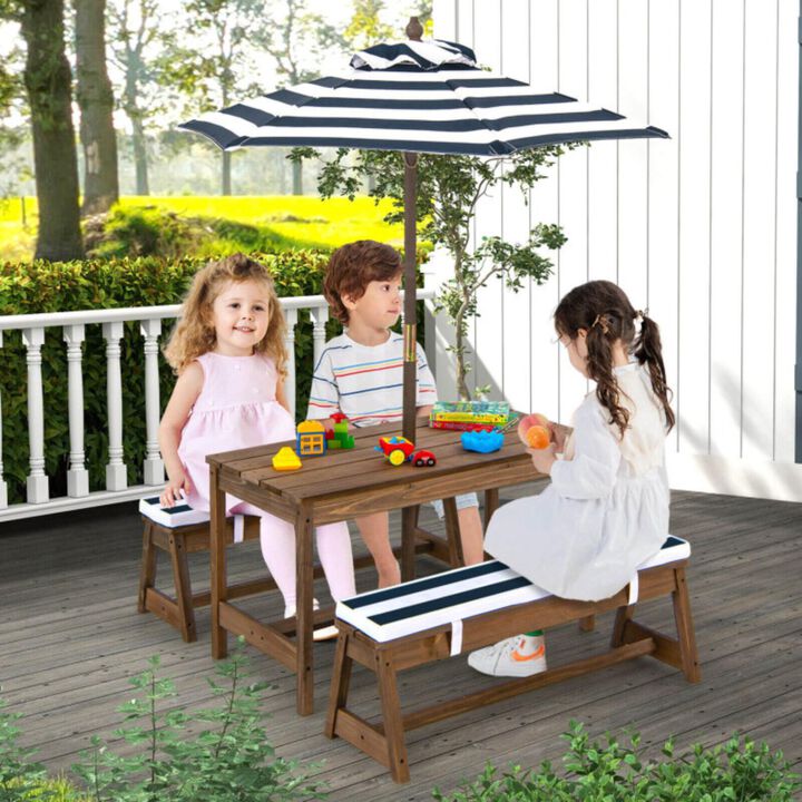 Hivvago Kids Picnic Table and Bench Set with Cushions and Height Adjustable Umbrella