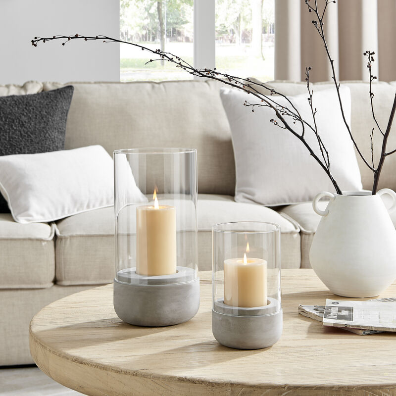 Danya B. Modern Cool Gray Cement Base and Glass Pillar Candle Holder