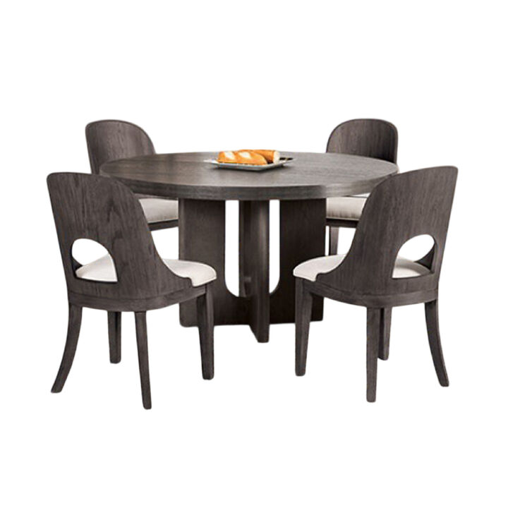 Zoko 5pc Round Dining Table Set, White Polyester Chairs, Ash Gray Wood - Benzara