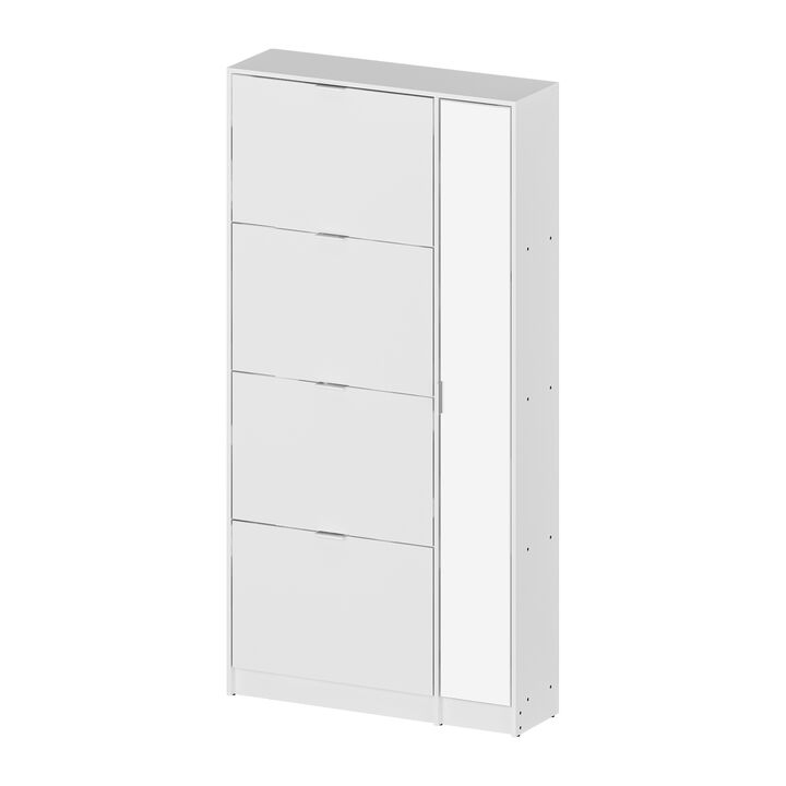 Modern Shoe Storage Cabinet with 4 Flip Drawers & Mirror, Wood 4-Tier Shoe Rack Storage Organizer with Shelves and Door for Entryway, Hallway & Bedroom, White (31.5&rdquo;L x 9.4&rdquo;W x 61.2&rdquo;H)