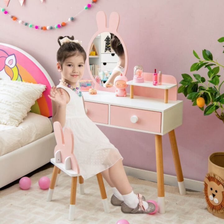 Kids Vanity Table and Chair Set with Drawer Shelf and Rabbit Mirror