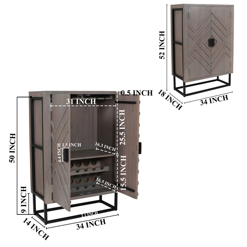 52 Inch Wine Bar Cabinet with Built in Stemware Rack, Bottle Holder in Gray Acacia Wood, Black Iron Metal