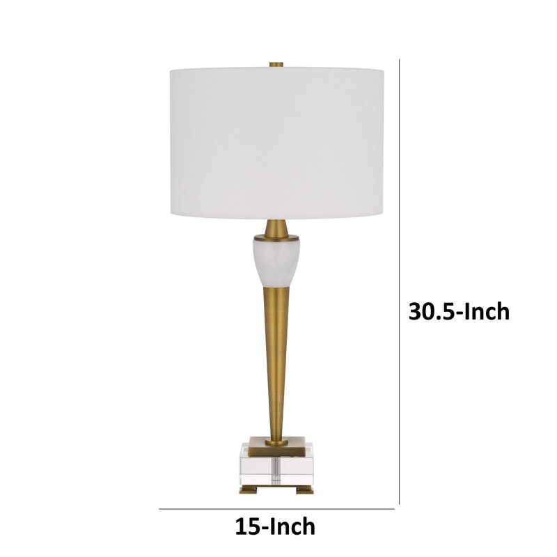 31 Inch Table Lamp with White Drum Shade, Clear Crystal Base, Brass Finish - Benzara