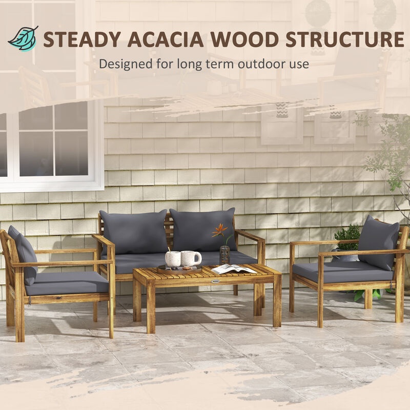 Outsunny 4 PCs Wood Outdoor Patio Furniture Set with Table, Cushions