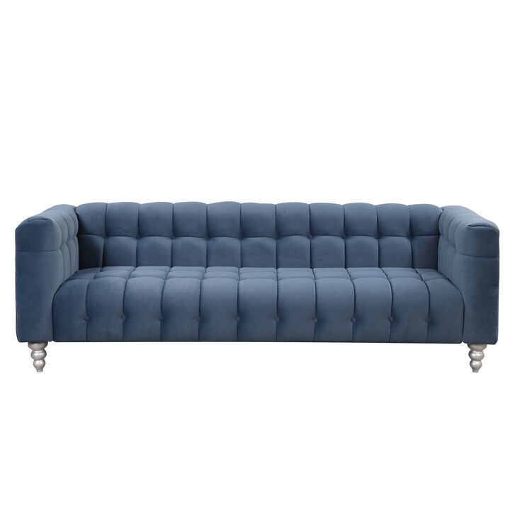 89" Modern Sofa Dutch Fluff Upholstered sofa with solid wood legs, buttoned tufted backrest, blue