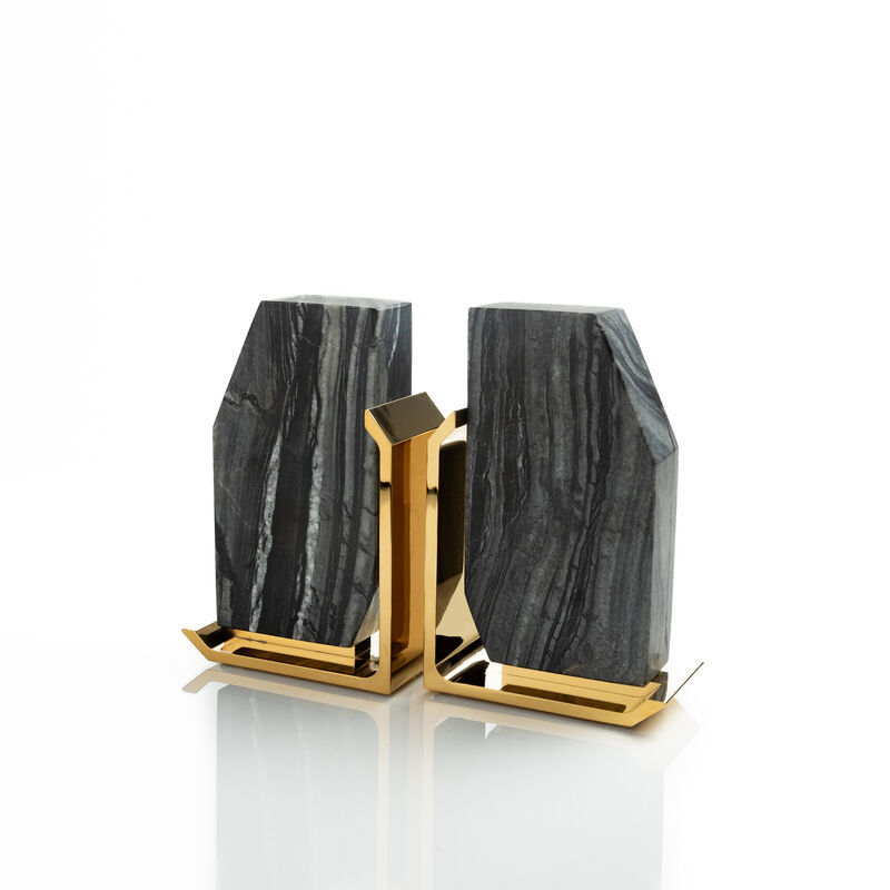 Fim Geo Bookends Grey Marble & Gold, Set of 2