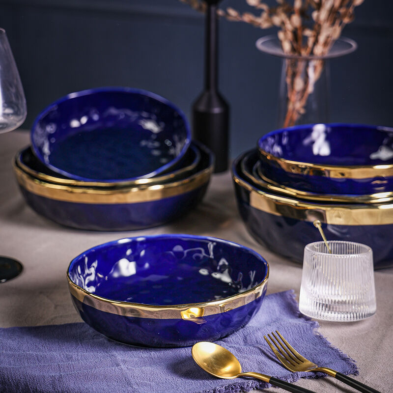 Stone Lain Florian Porcelain Serving Shallow Bowl Set 3 Piece, Blue