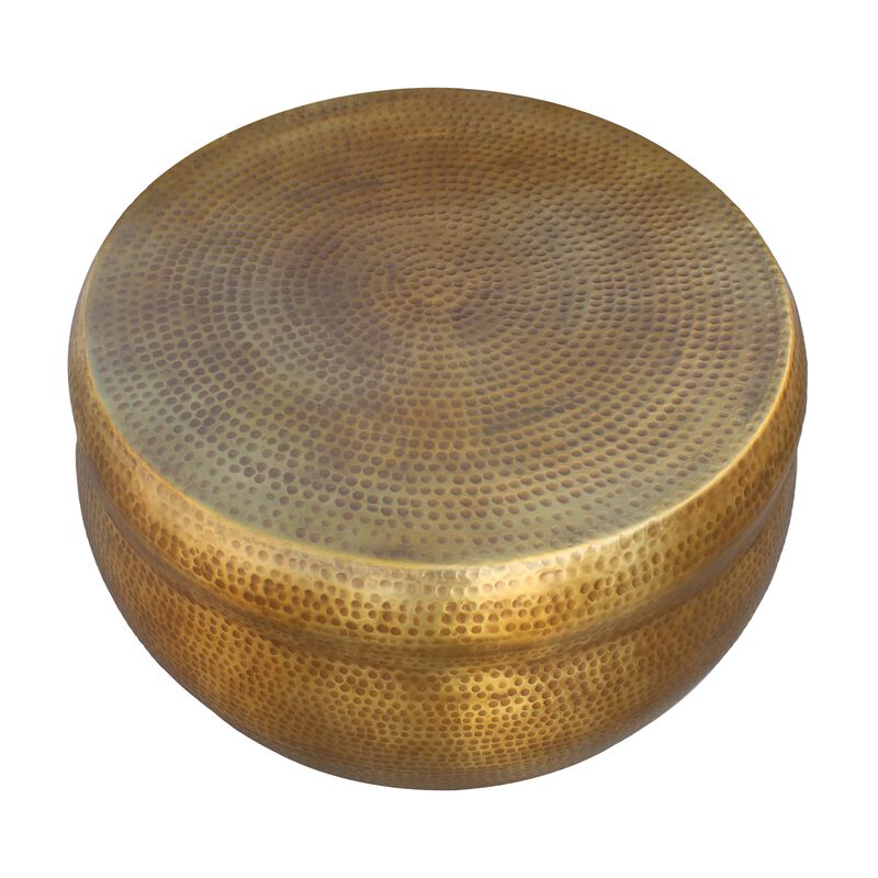 32 Inch Artisanal Round Drum Coffee Table, Hammered Embossed Texturing, Aluminum, Antique Brass-Benzara