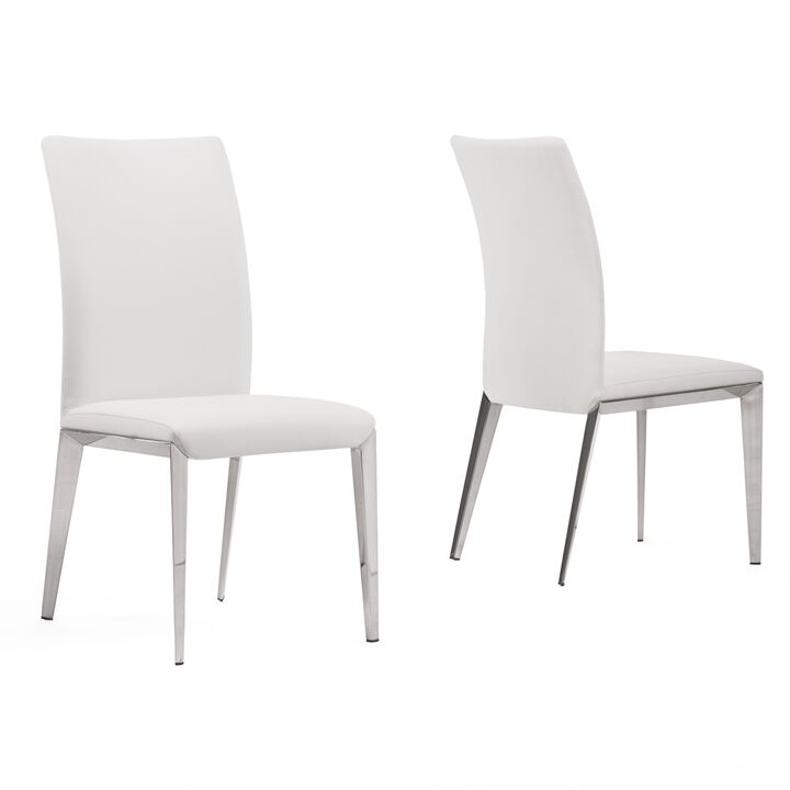 18 Inch Dining Side Chair Set of 2, Plush White Faux Leather Seat, Metal - Benzara