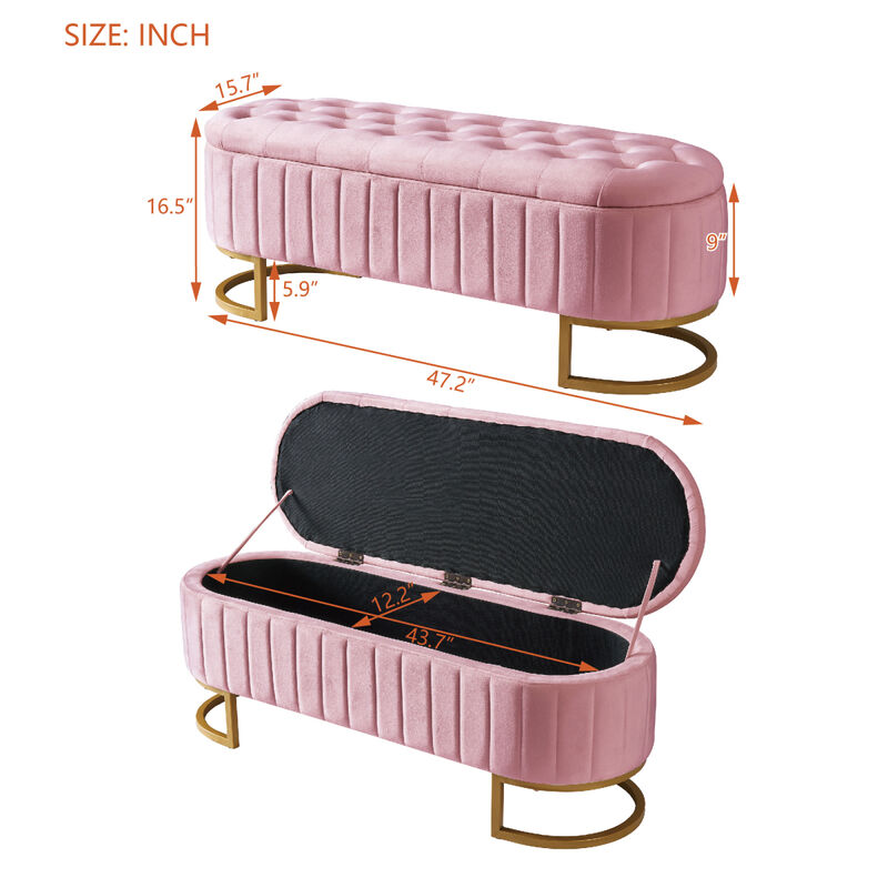 Elegant Upholstered Velvet Storage Ottoman with Button-Tufted, Storage Bench with Metal Legs for Bedroom, Living Room, Fully Assembled Except Legs, Pink