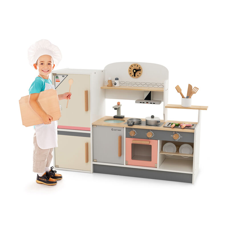 Kids Play Kitchen Set with Realistic Range Hood and Refrigerator